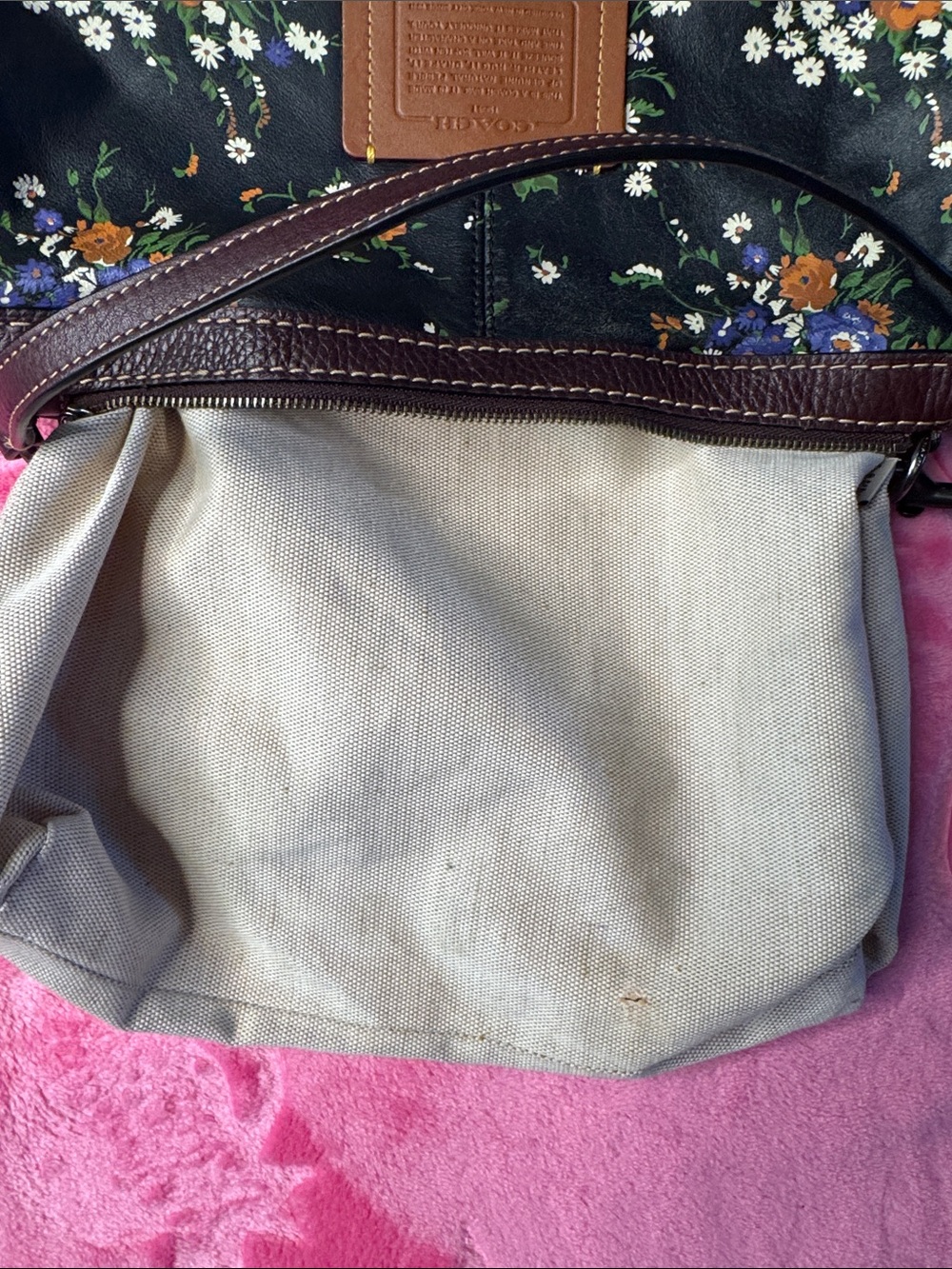Coach Navy Floral Leather Satchel Pebbled Brown Trim Gunmetal Hardware - Picture 5 of 10